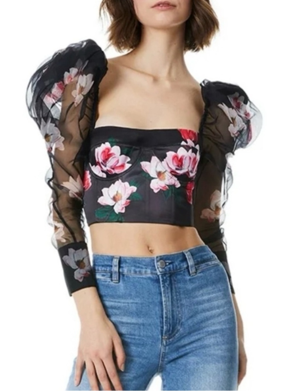 Alice and Olivia corset puff sleeve floral blouse S 2 4